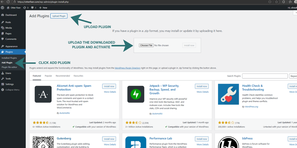 Uploading the OtterFixer AI Tracker plugin using the WordPress Add Plugins upload screen