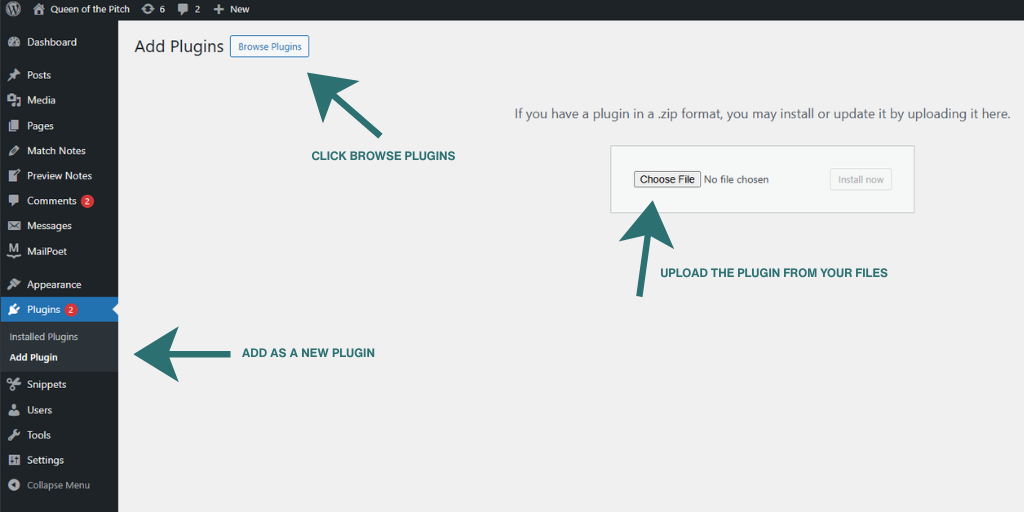WordPress plugin upload screen showing how to upload and install the OtterFixer Site Diagnostics plugin