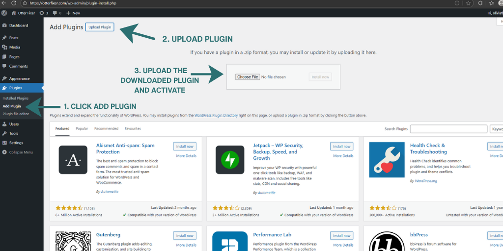 WordPress admin screen showing how to upload and install the OtterFixer Broken Link Finder plugin.