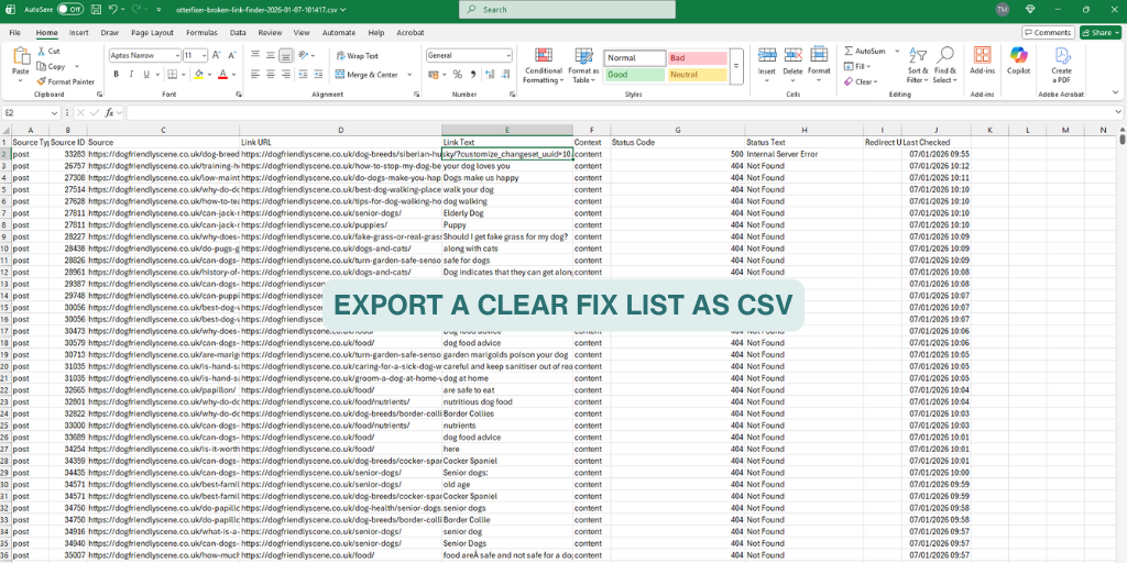 CSV export from OtterFixer Broken Link Finder showing broken links, status codes, and source pages.