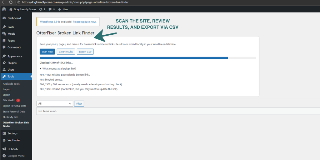 OtterFixer Broken Link Finder scanning a WordPress site and checking internal links for errors.