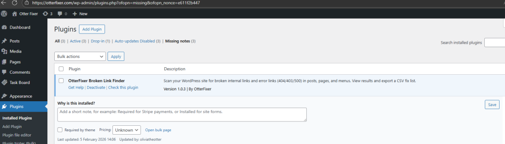 Plugins page with the “Missing notes” filter selected and a reduced list of plugins visible.