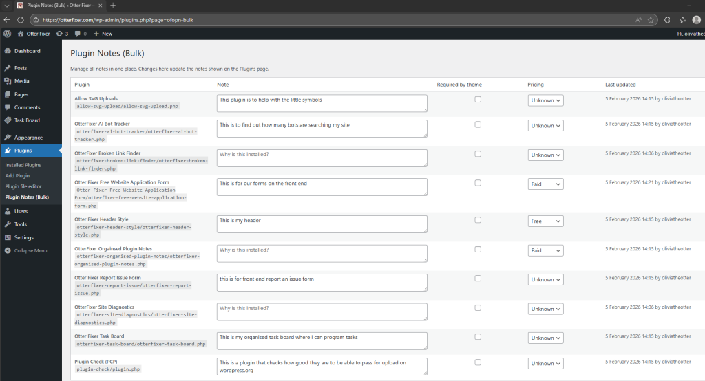 Bulk table with multiple plugins listed, including notes, required by theme checkboxes, and pricing dropdowns.