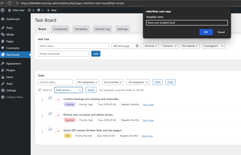 Bulk action “Save as template” on the Board tab