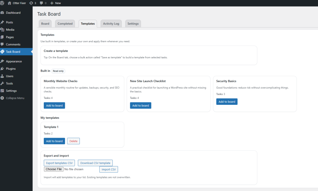 Built-in templates section with “Add to board” buttons