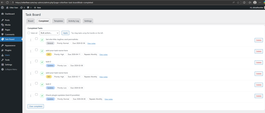 Completed tab with finished tasks
