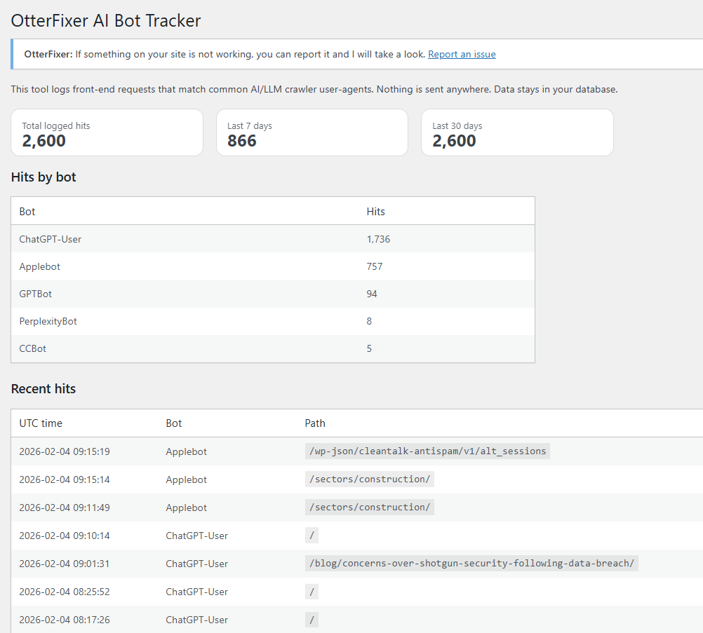 Logs showing Ai bot listed as recent hits